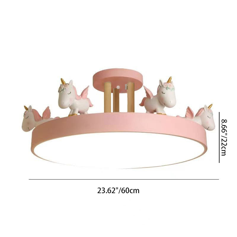 Contemporary Creative Resin Iron Acrylic Wood Unicorn Round LED Semi-Flush Mount Ceiling Light For Bedroom
