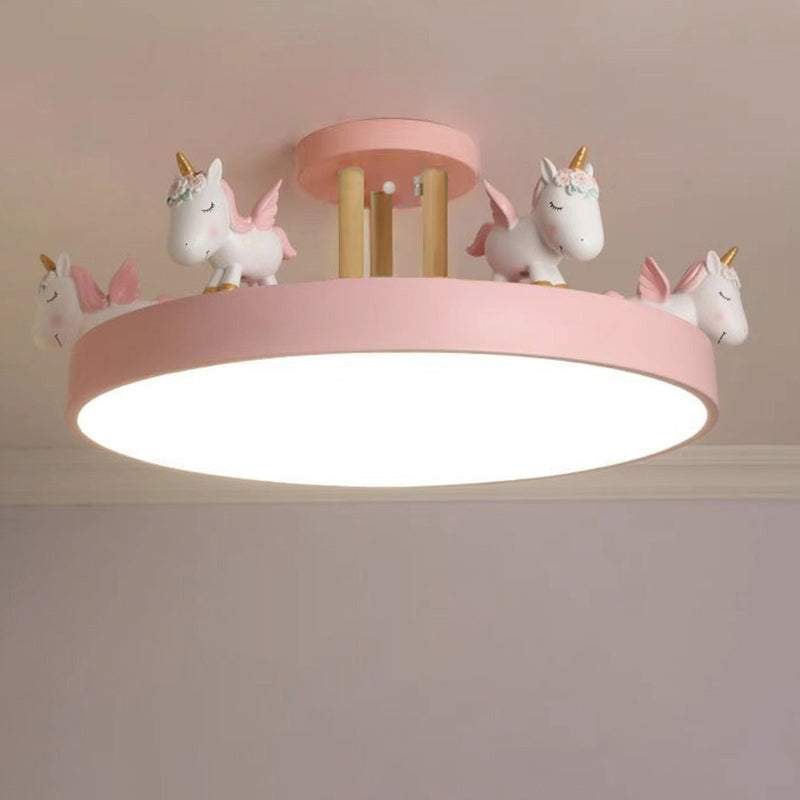 Contemporary Creative Resin Iron Acrylic Wood Unicorn Round LED Semi-Flush Mount Ceiling Light For Bedroom