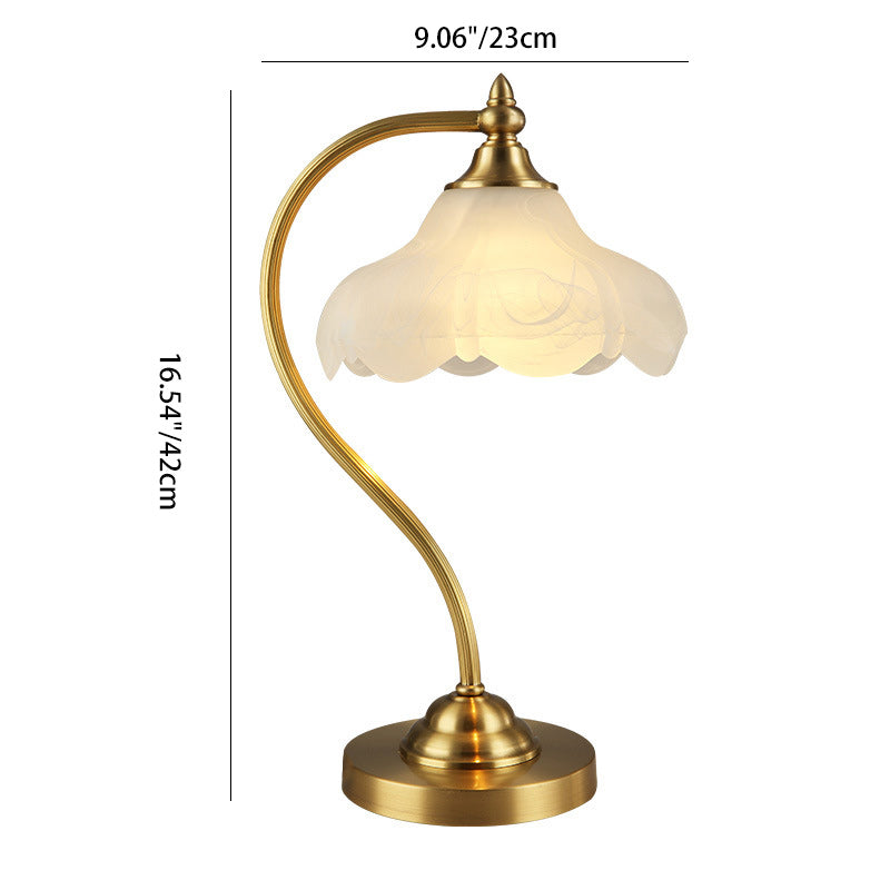 Traditional European Brass Glass Floral Shade Round Base 1-Light Table Lamp For Bedroom