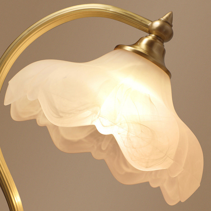 Traditional European Brass Glass Floral Shade Round Base 1-Light Table Lamp For Bedroom