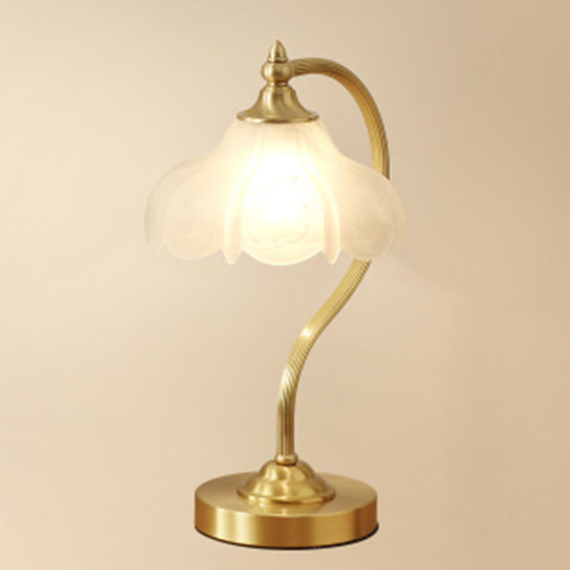 Traditional European Brass Glass Floral Shade Round Base 1-Light Table Lamp For Bedroom