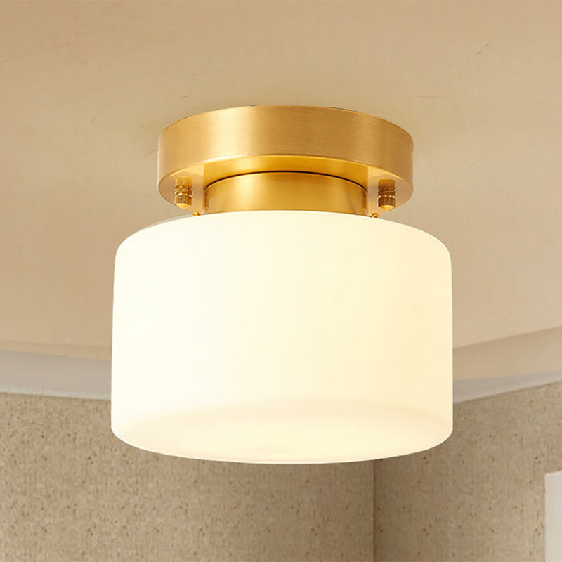 Traditional Chinese Brass Cylindrical Square 1-Light Semi-Flush Mount Ceiling Light For Living Room