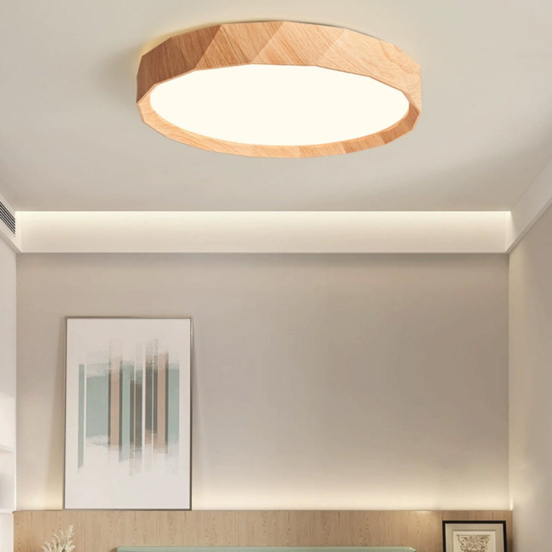 مصباح سقف LED دائري هندسي مصنوع من خشب المطاط والأكريليك بتصميم عصري بسيط لغرفة النوم وغرفة المعيشة