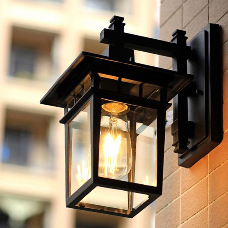 Traditional Rustic Cast Aluminum, Iron & Glass Rectangular 1-Light Wall Sconce Lamp For Outdoor Garden & Patio