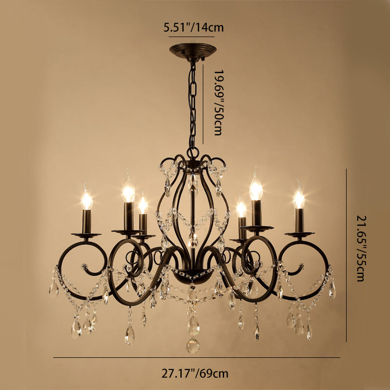 Traditional European Iron & Crystal Branch-Shaped 6/8-Light Chandelier With Tassels For Bedroom & Living Room