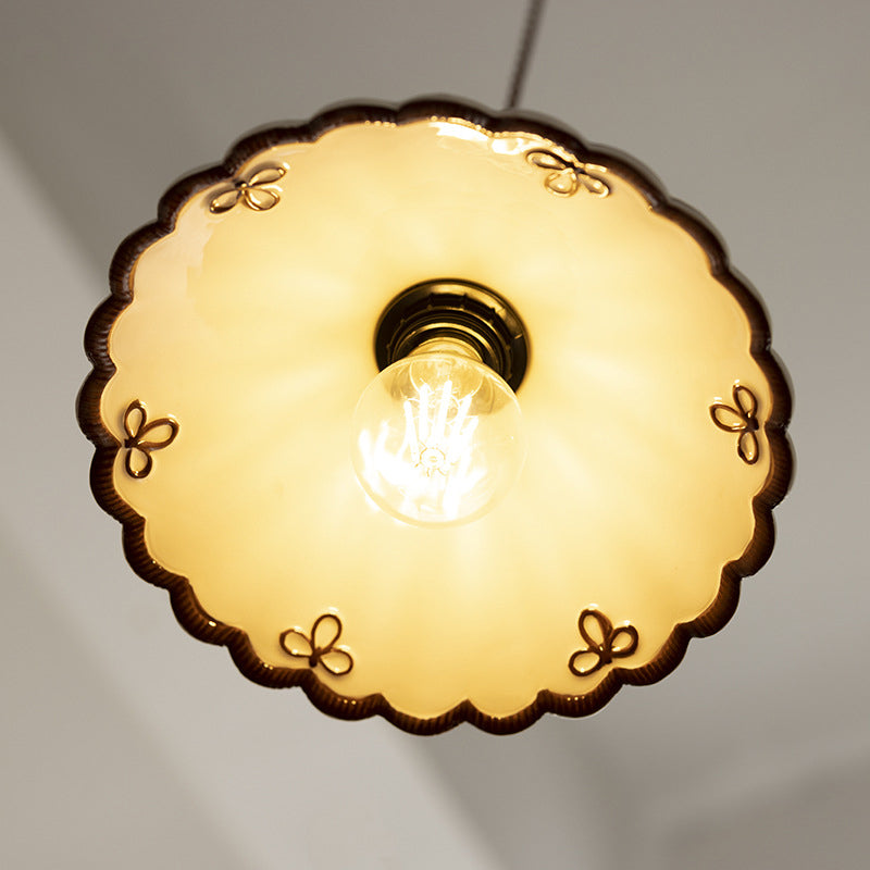 Traditional French Ceramic & Iron Cone Shaped 1-Light Pendant Light For Bedroom & Living Room