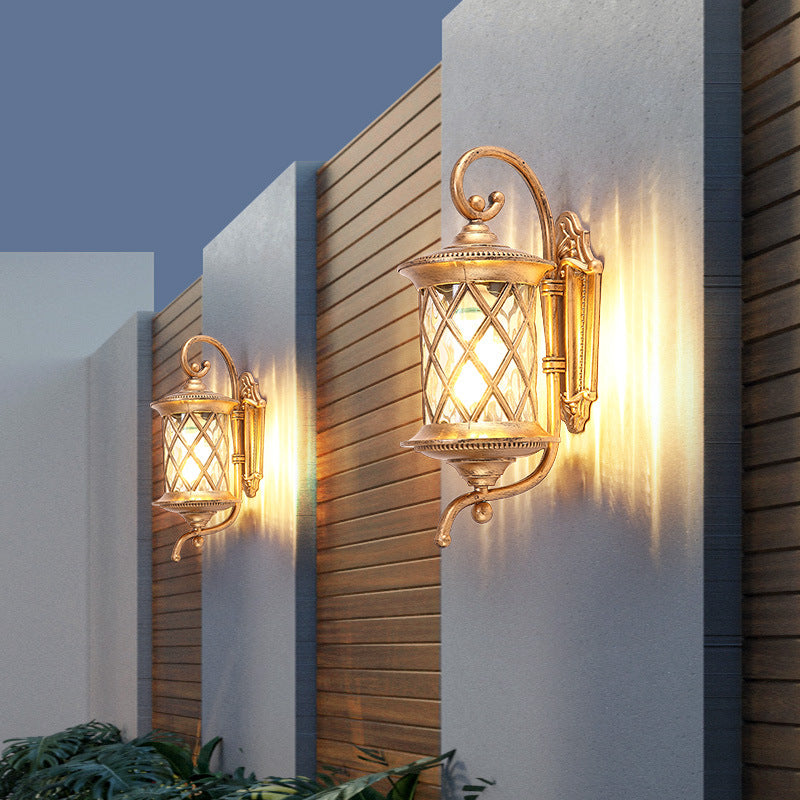 Traditional Vintage Aluminum And Glass Cylindrical 1-Light Waterproof Wall Sconce Lamp For Outdoor Garden And Patio