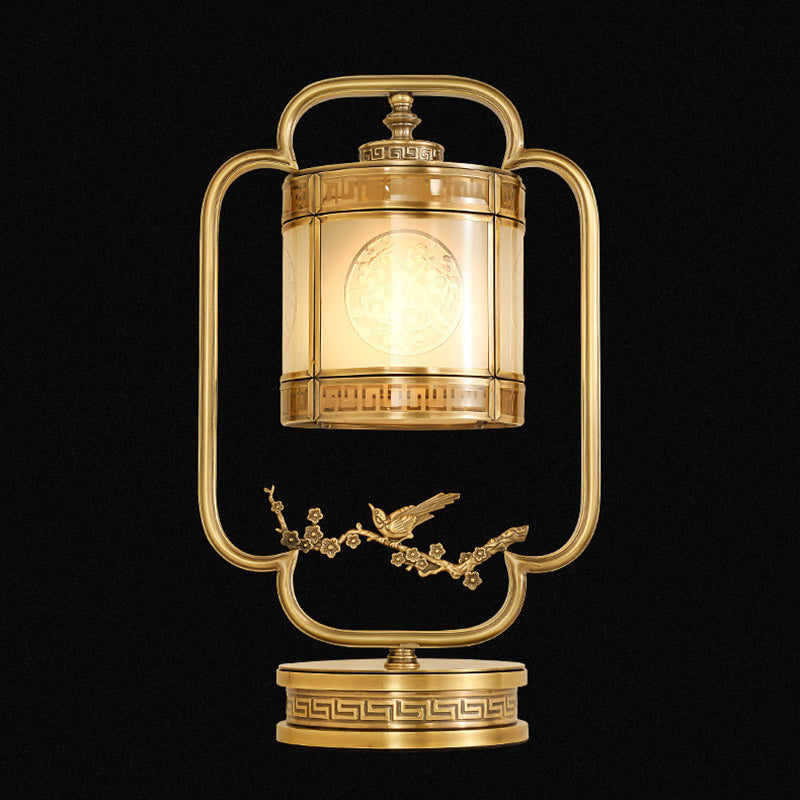 Traditional Chinese Copper & Glass Cylindrical 1-Light Table Lamp For Bedroom & Living Room
