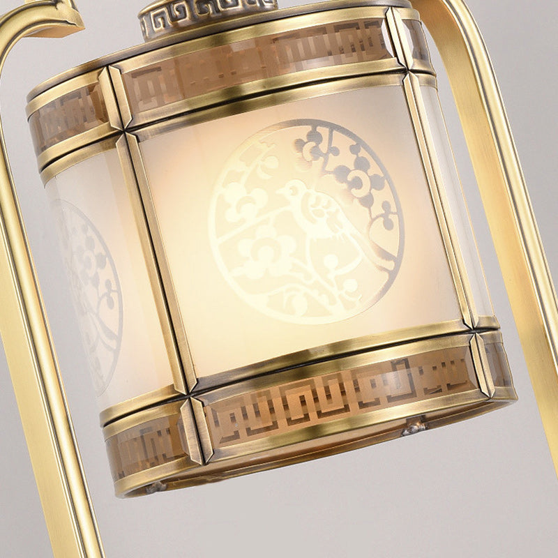 Traditional Chinese Copper & Glass Cylindrical 1-Light Table Lamp For Bedroom & Living Room