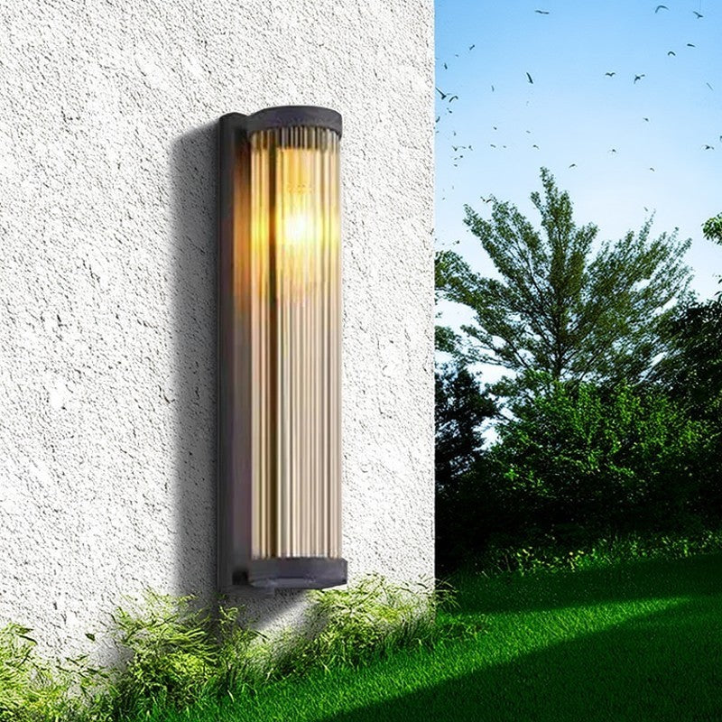 Modern Minimalist Stainless Steel & Glass Cylinder LED Solar Waterproof Wall Sconce Lamp For Outdoor Garden & Patio