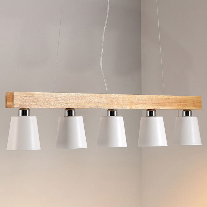 Contemporary Nordic Wood & Iron Cone Linear 3/5-Light Island Light Chandelier For Dining Room, Bedroom, Living Room