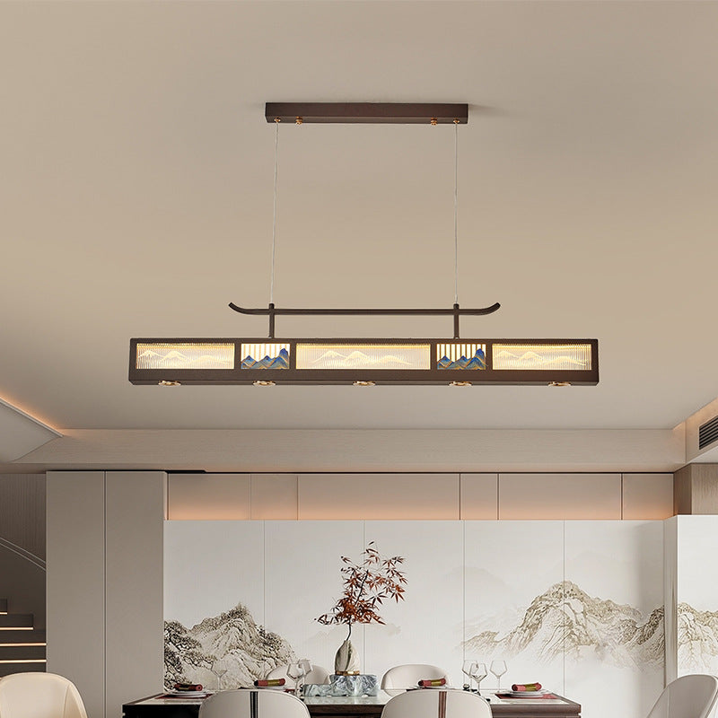 Traditional Chinese Iron, Acrylic & Stainless Steel Rectangular LED Chandelier For Dining Room & Living Room