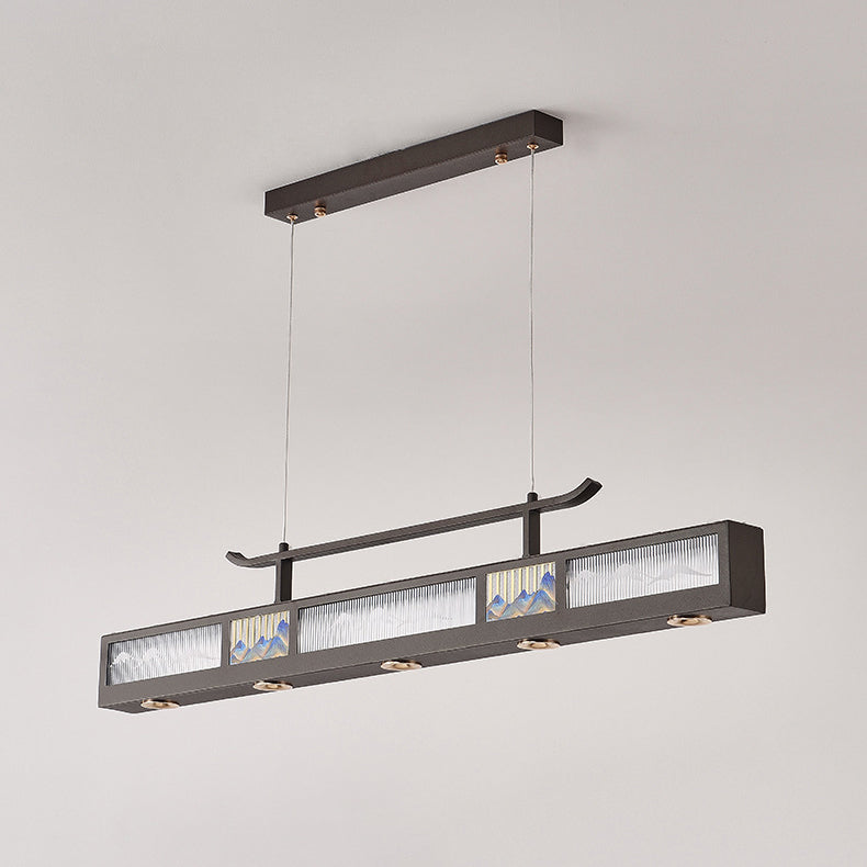 Traditional Chinese Iron, Acrylic & Stainless Steel Rectangular LED Chandelier For Dining Room & Living Room