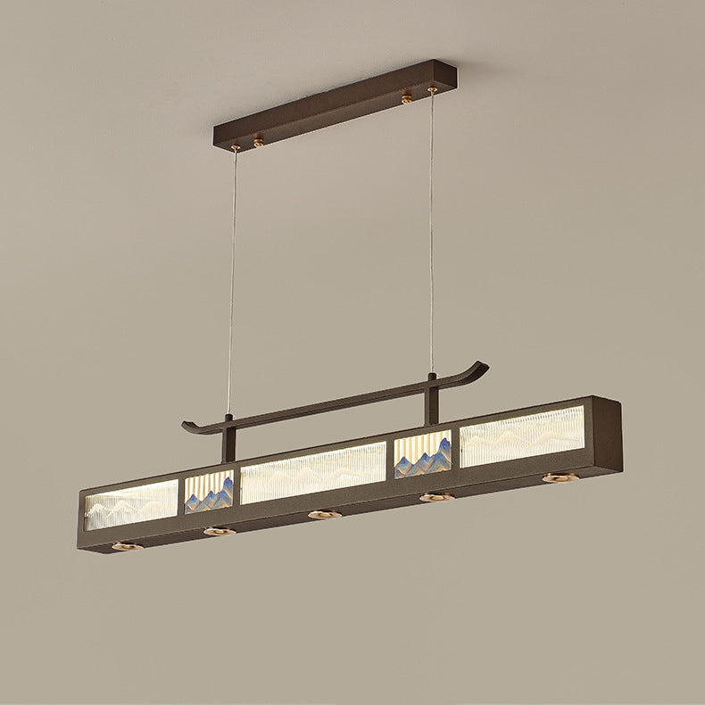 Traditional Chinese Iron, Acrylic & Stainless Steel Rectangular LED Chandelier For Dining Room & Living Room