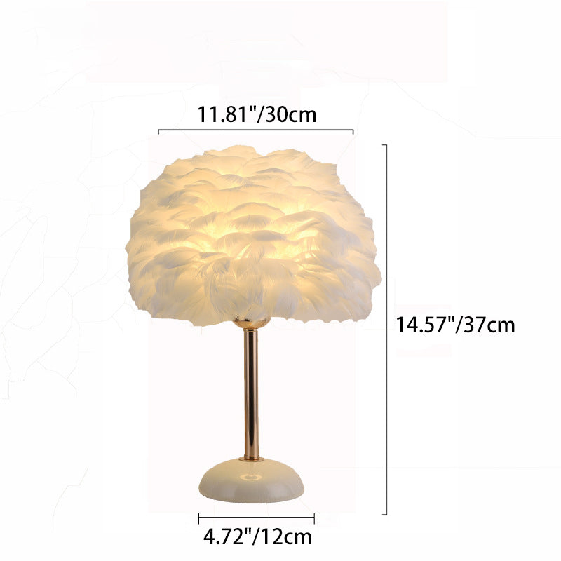 Contemporary Nordic Feather, Iron & Ceramic Round 1-Light Table Lamp For Bedroom And Living Room