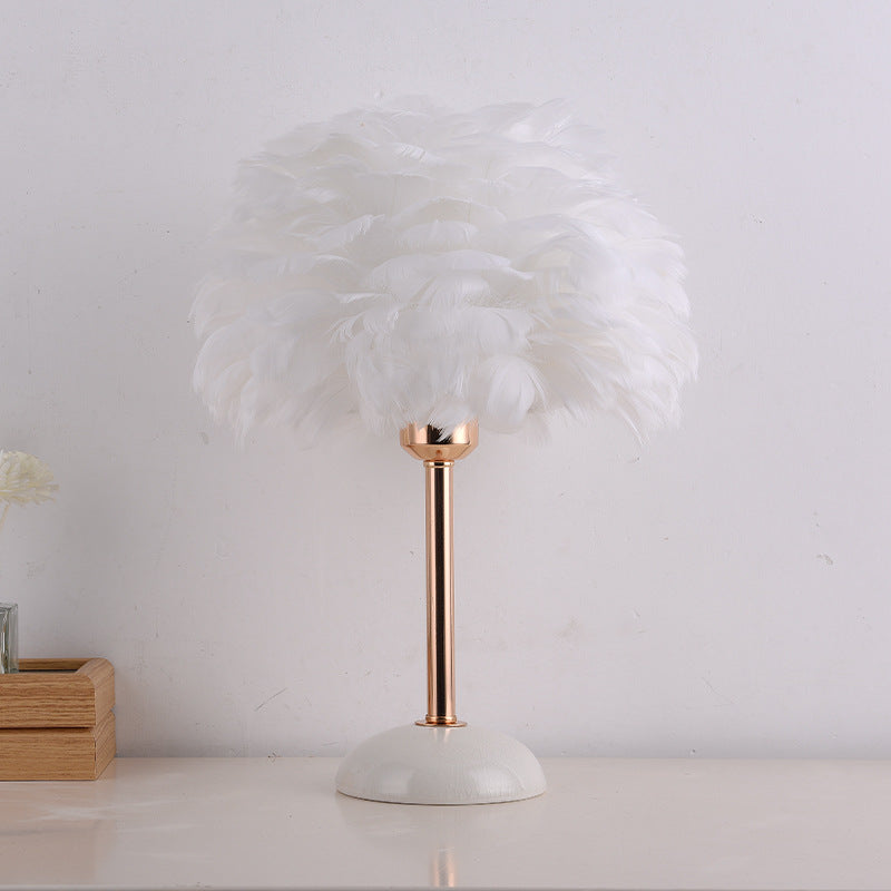 Contemporary Nordic Feather, Iron & Ceramic Round 1-Light Table Lamp For Bedroom And Living Room