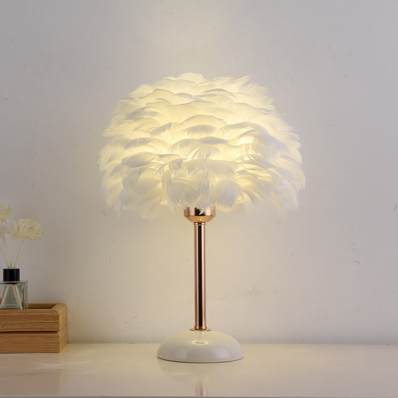 Contemporary Nordic Feather, Iron & Ceramic Round 1-Light Table Lamp For Bedroom And Living Room