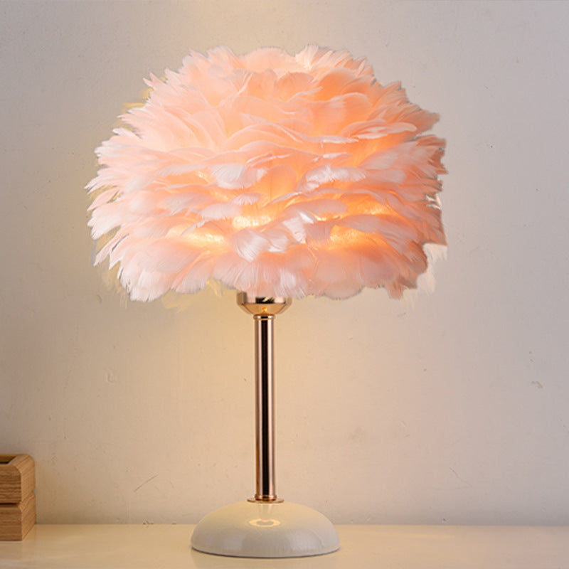 Contemporary Nordic Feather, Iron & Ceramic Round 1-Light Table Lamp For Bedroom And Living Room