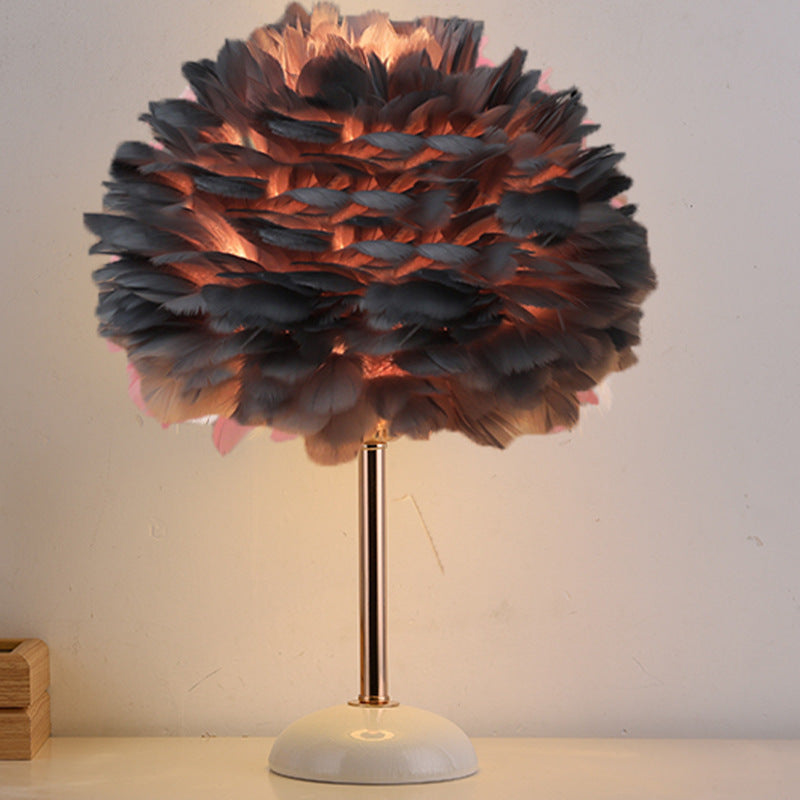 Contemporary Nordic Feather, Iron & Ceramic Round 1-Light Table Lamp For Bedroom And Living Room