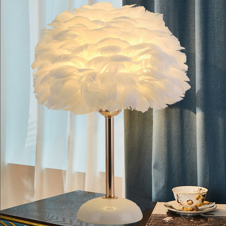 Contemporary Nordic Feather, Iron & Ceramic Round 1-Light Table Lamp For Bedroom And Living Room