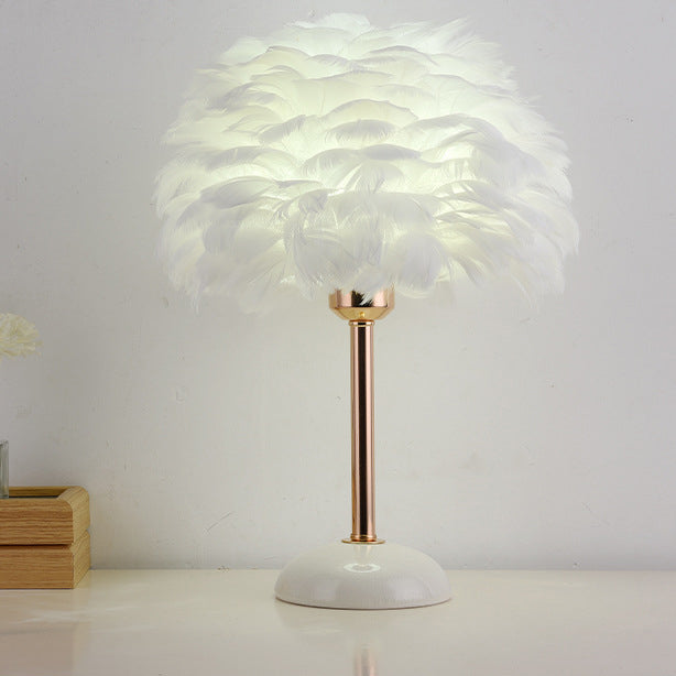 Contemporary Nordic Feather, Iron & Ceramic Round 1-Light Table Lamp For Bedroom And Living Room