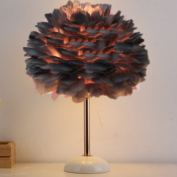 Contemporary Nordic Feather, Iron & Ceramic Round 1-Light Table Lamp For Bedroom And Living Room