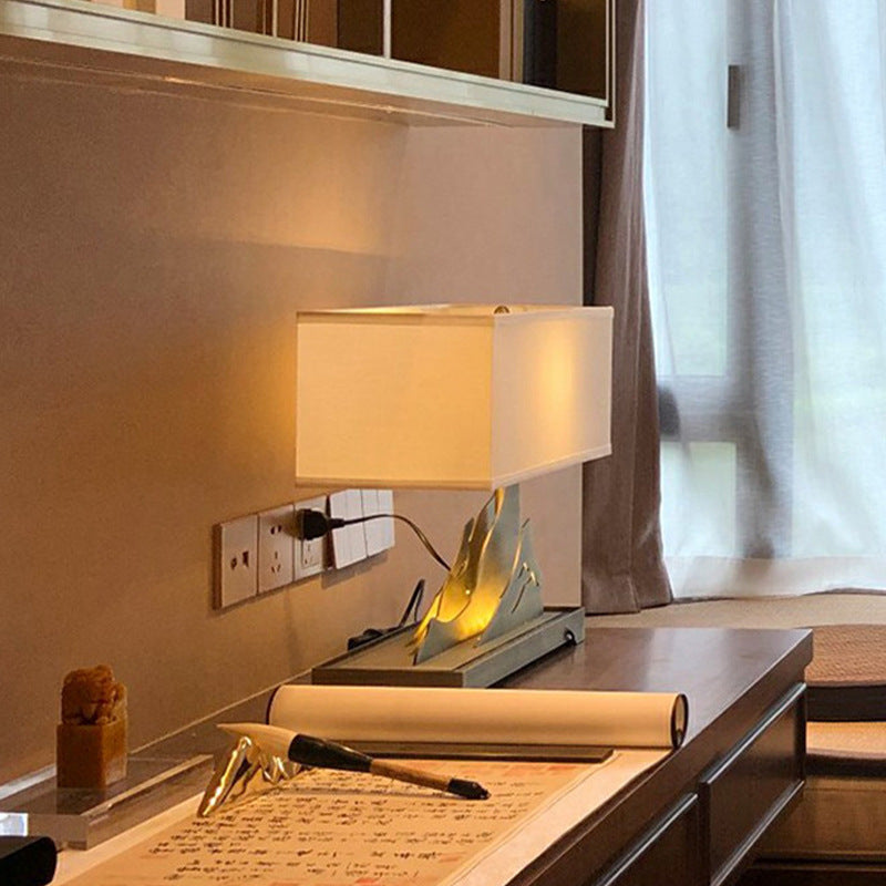 Modern Art Deco Metal & Fabric Rectangular 1-Light Table Lamp For Bedroom & Living Room