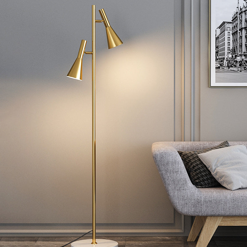 Contemporary Nordic Iron & Marble Cone 2-Light Standing Floor Lamp With Adjustable Angle For Bedroom & Living Room