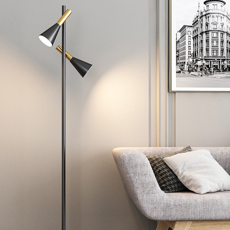 Contemporary Nordic Iron & Marble Cone 2-Light Standing Floor Lamp With Adjustable Angle For Bedroom & Living Room