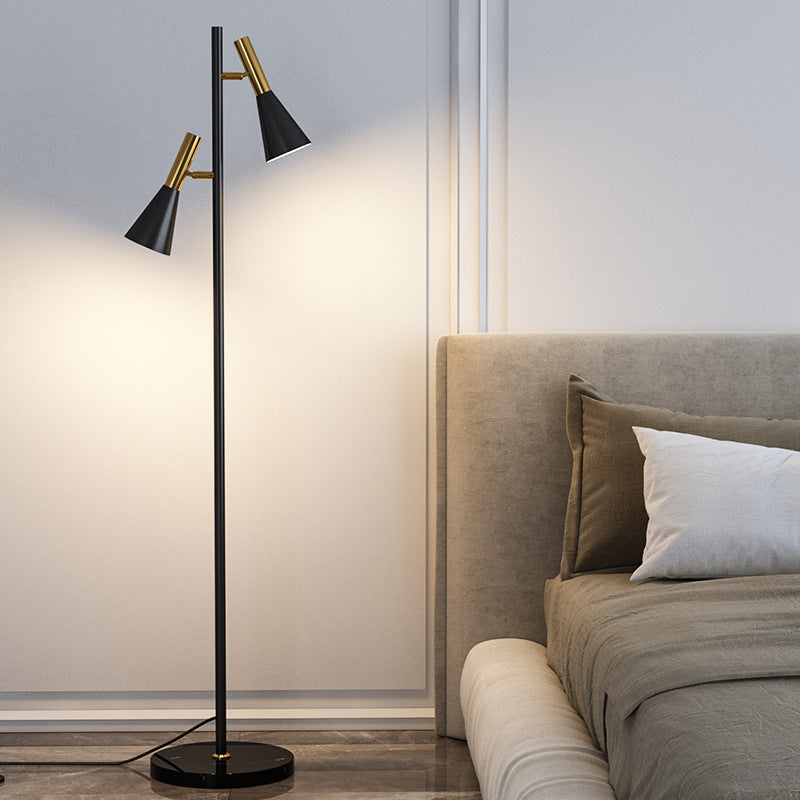 Contemporary Nordic Iron & Marble Cone 2-Light Standing Floor Lamp With Adjustable Angle For Bedroom & Living Room