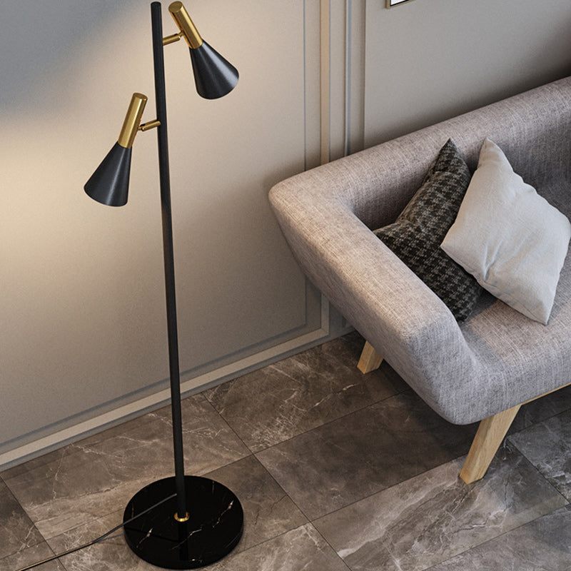 Contemporary Nordic Iron & Marble Cone 2-Light Standing Floor Lamp With Adjustable Angle For Bedroom & Living Room