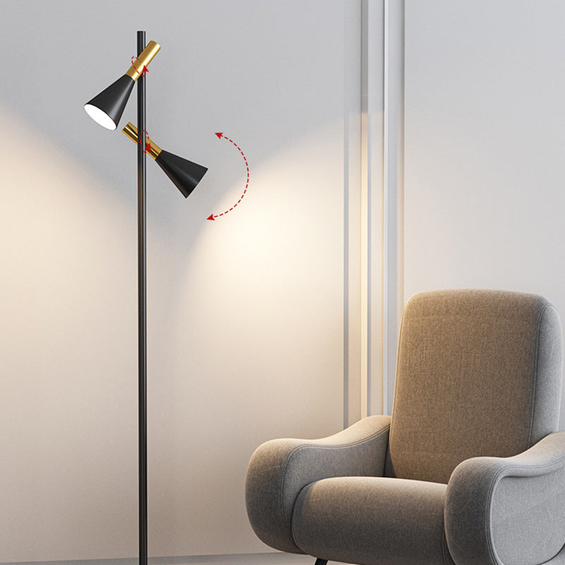 Contemporary Nordic Iron & Marble Cone 2-Light Standing Floor Lamp With Adjustable Angle For Bedroom & Living Room