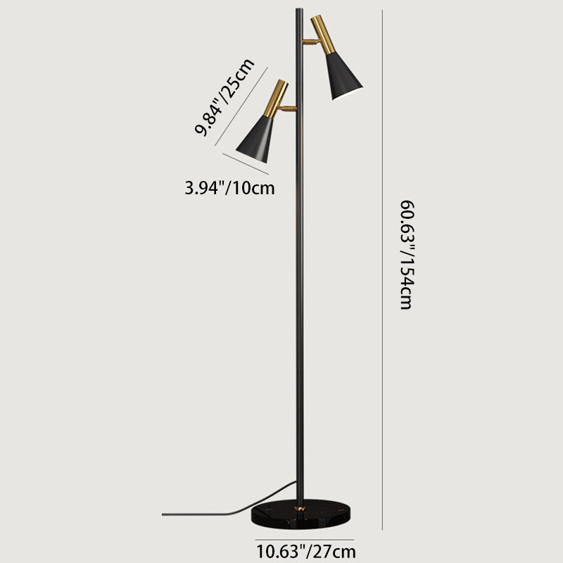 Contemporary Nordic Iron & Marble Cone 2-Light Standing Floor Lamp With Adjustable Angle For Bedroom & Living Room