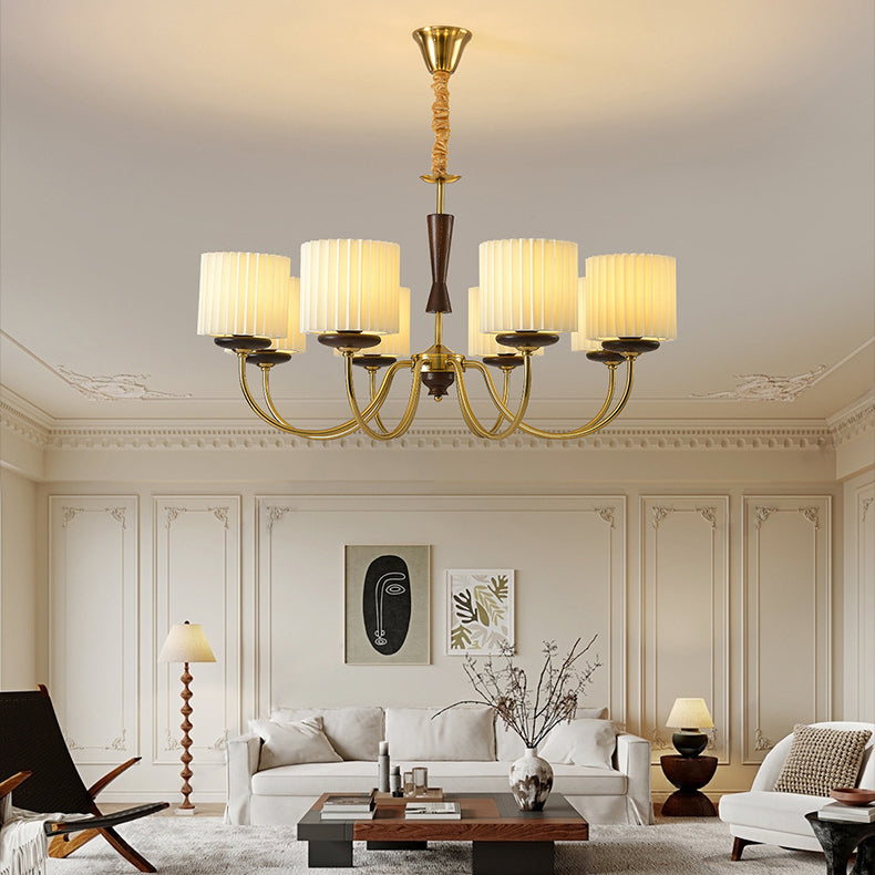 Traditional French Iron Wood Fabric Branch Cylinder Chandelier With 6/8 Lights For Bedroom & Living Room