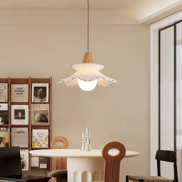 Traditional French Fabric & Wood Floral 1-Light Pendant Light For Dining Room, Bedroom & Living Room