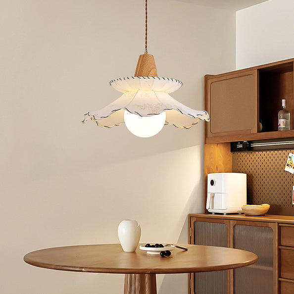 Traditional French Fabric & Wood Floral 1-Light Pendant Light For Dining Room, Bedroom & Living Room
