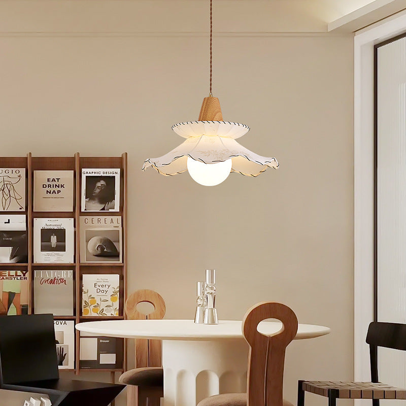 Traditional French Fabric & Wood Floral 1-Light Pendant Light For Dining Room, Bedroom & Living Room
