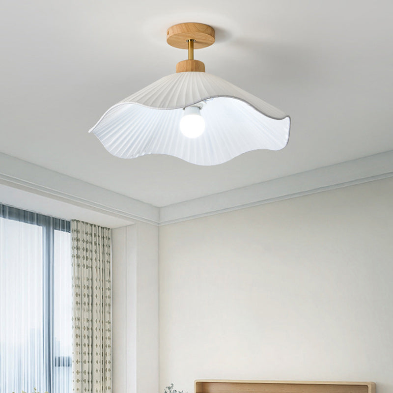 Modern Minimalist Iron, Wood & Fabric Curved Cone 1-Light Semi-Flush Mount Ceiling Light For Bedroom, Hallway, And Living Room