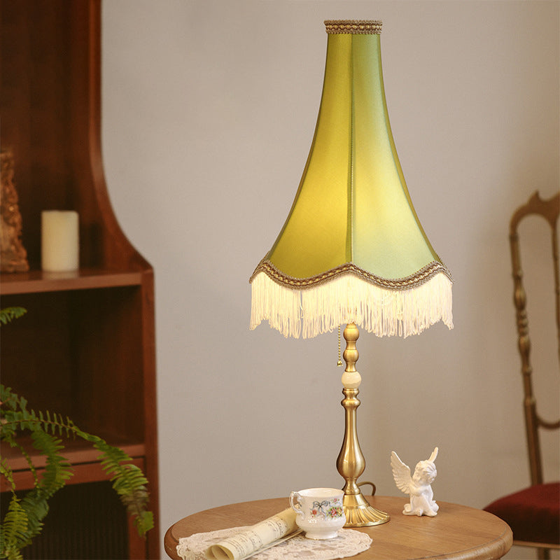 Traditional Vintage Brass & Fabric Conical 1-Light Table Lamp For Bedroom And Living Room