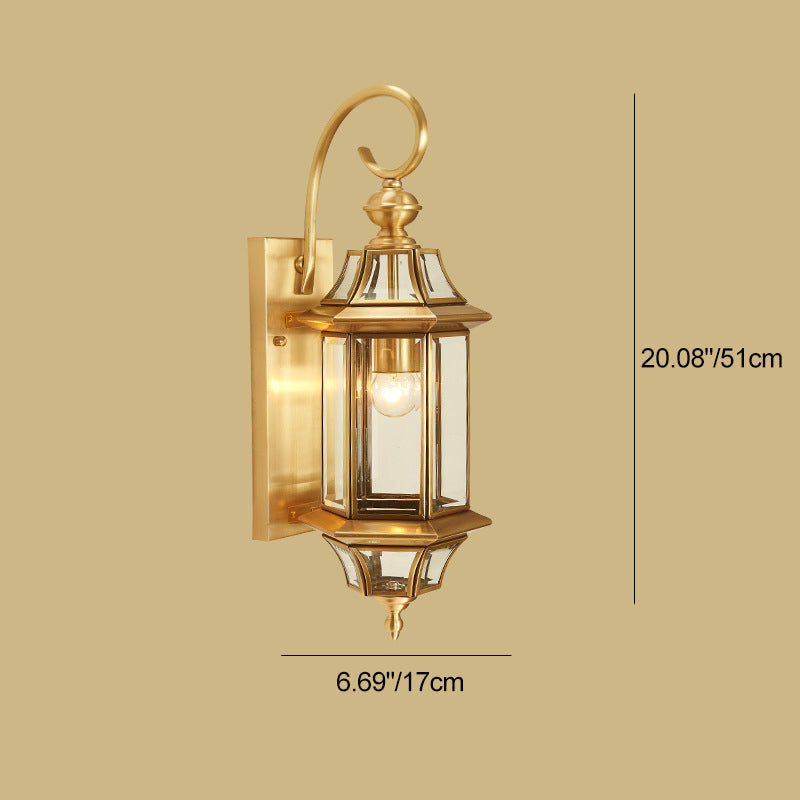 Traditional European Brass Glass Polygonal 1-Light Waterproof Wall Sconce Lamp For Bedroom Patio And Garden