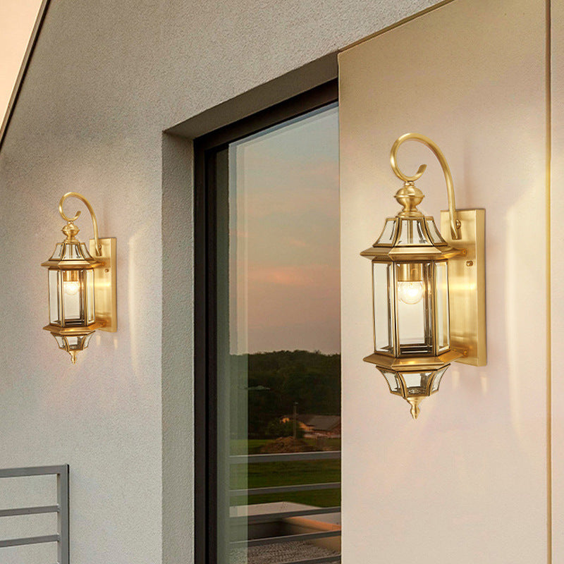 Traditional European Brass Glass Polygonal 1-Light Waterproof Wall Sconce Lamp For Bedroom Patio And Garden