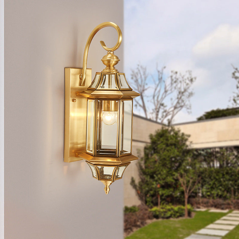 Traditional European Brass Glass Polygonal 1-Light Waterproof Wall Sconce Lamp For Bedroom Patio And Garden