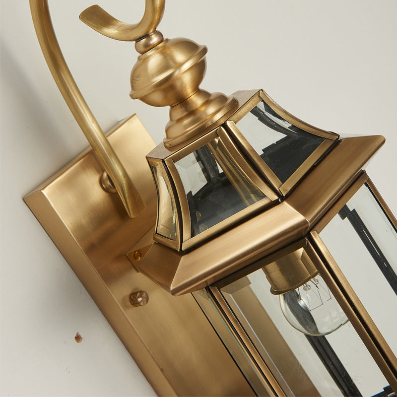 Traditional European Brass Glass Polygonal 1-Light Waterproof Wall Sconce Lamp For Bedroom Patio And Garden