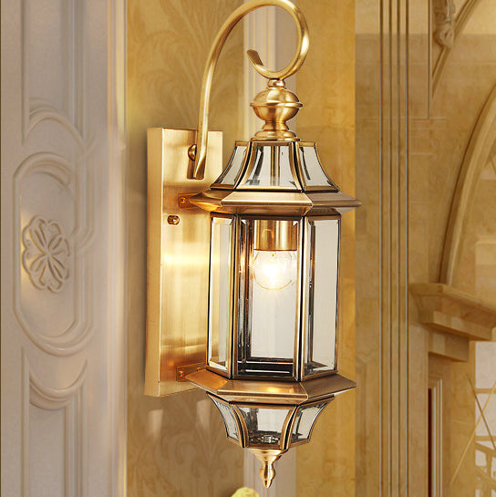 Traditional European Brass Glass Polygonal 1-Light Waterproof Wall Sconce Lamp For Bedroom Patio And Garden