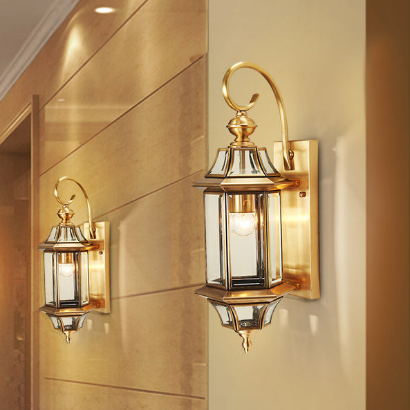 Traditional European Brass Glass Polygonal 1-Light Waterproof Wall Sconce Lamp For Bedroom Patio And Garden