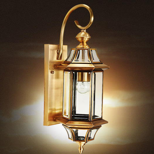 Traditional European Brass Glass Polygonal 1-Light Waterproof Wall Sconce Lamp For Bedroom Patio And Garden