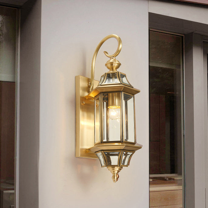 Traditional European Brass Glass Polygonal 1-Light Waterproof Wall Sconce Lamp For Bedroom Patio And Garden