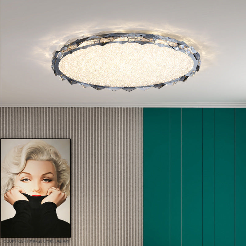 Modern Luxury Crystal & Metal Round LED Flush Mount Ceiling Light For Bedroom & Living Room