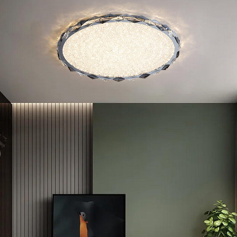 Modern Luxury Crystal & Metal Round LED Flush Mount Ceiling Light For Bedroom & Living Room