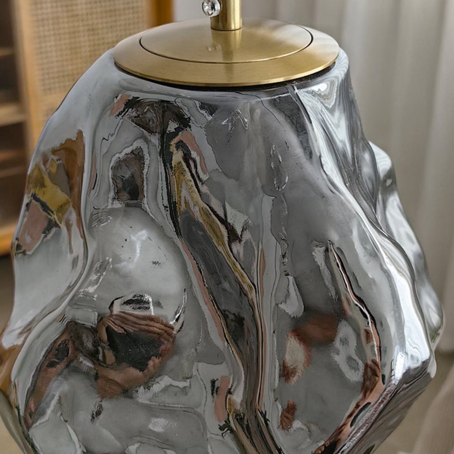 Traditional Japanese Glass & Iron Lava Ice Shape Irregular Round 1-Light Pendant Light For Bedroom, Living Room & Dining Room